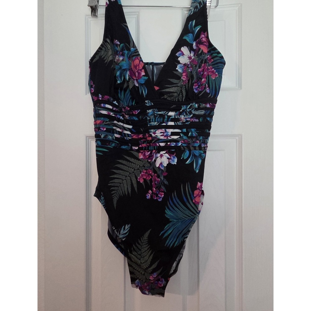 Aqua Green One Piece Swimsuit Black Tropical Floral Pleated Straps Medium Large